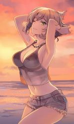 Rule 34 | 1girl, armpits, arms up, breasts, brown hair, casual, chain necklace, cleavage, crop top, denim, denim shorts, green eyes, highres, jewelry, kantai collection, kasumi (skchkko), medium breasts, midriff, mutsu (kancolle), navel, necklace, one eye closed, parted lips, short hair, short shorts, shorts, sideboob, smile, solo, sunset, tank top, thighs