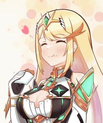 Rule 34 | absurdres, bare shoulders, blonde hair, breasts, chest jewel, chewing, cleavage, cleavage cutout, clothing cutout, croquette, earrings, eating, elbow gloves, food, gloves, happy, heart, highres, jewelry, large breasts, long hair, mythra (xenoblade), reason3 s, smile, solo, swept bangs, tiara, white gloves, xenoblade chronicles (series), xenoblade chronicles 2