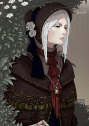 Rule 34 | 1girl, artist name, bloodborne, bonnet, bush, cloak, dated, doll joints, expressionless, flower, green eyes, jewelry, joints, pendant, plain doll, shadowjwu, signature, silver hair, solo, swept bangs, upper body