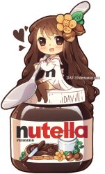 Rule 34 | 1girl, :d, absurdly long hair, artist name, blush, bow, brown eyes, brown hair, brown thighhighs, chibi, dav-19, dress, food-themed hair ornament, hair between eyes, hair ornament, heart, holding, holding spoon, long hair, long sleeves, looking at viewer, no shoes, nutella, open mouth, original, personification, sailor collar, sailor dress, sitting, smile, solo, spoon, thighhighs, transparent background, very long hair, watermark, web address, white bow, white dress, white sailor collar