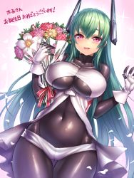 Rule 34 | 1girl, :d, blush, bodysuit, borrowed character, bouquet, breasts, collarbone, covered erect nipples, covered navel, curvy, female focus, flower, gloves, gradient background, green hair, groin, headgear, large breasts, long hair, looking at viewer, menou kaname (taishi), open mouth, original, pink eyes, shiny clothes, smile, solo, very long hair, white gloves, wide hips, yapo (croquis side)