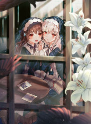 Rule 34 | 2girls, blue ribbon, blush, book, bookmark, brown eyes, brown hair, develop2, dress, flower, from outside, gem, headwear request, highres, holding hands, interlocked fingers, lily (flower), long hair, long sleeves, looking at viewer, multiple girls, neck ribbon, nun, open book, open mouth, original, own hands together, parted lips, photo (object), red eyes, ribbon, side-by-side, sitting, smile, snowing, sparkle, table, white hair, window, yuri