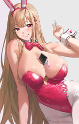 Rule 34 | 1girl, animal ears, bare arms, bare shoulders, between breasts, blonde hair, blush, bow, bowtie, breasts, cellphone, cleavage, covered navel, detached collar, fake animal ears, goddess of victory: nikke, grey background, grin, hair ornament, hairband, hand up, highres, large breasts, leotard, long hair, looking at viewer, mole, mole under eye, nhaliz, official alternate costume, pantyhose, parted lips, phone, pink bow, pink bowtie, pink hairband, pink leotard, playboy bunny, rabbit ears, red eyes, simple background, smartphone, smile, solo, teeth, v, viper (nikke), viper (toxic rabbit) (nikke), white pantyhose, wrist cuffs