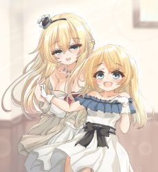 Rule 34 | 2girls, alternate costume, blonde hair, blue eyes, braid, collarbone, commentary request, cowboy shot, crown, dress, flower, french braid, gloves, jervis (kancolle), jewelry, kantai collection, kasashi (kasasi008), long hair, long sleeves, mini crown, multiple girls, necklace, off-shoulder dress, off shoulder, red flower, red ribbon, red rose, ribbon, rose, smile, warspite (kancolle), white dress, white gloves