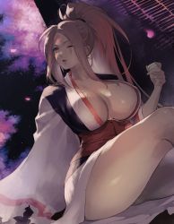 Rule 34 | 1girl, baiken, breasts, cherry blossoms, choko (cup), cleavage, commentary request, cup, facial mark, facial tattoo, guilty gear, highres, holding, jako (toyprn), japanese clothes, kimono, large breasts, lips, long hair, long sleeves, looking away, night, parted bangs, parted lips, petals, pink eyes, pink hair, ponytail, scar, scar across eye, shiny skin, sidelocks, simple background, sitting, tattoo, thighs, torn clothes, torn sleeves, wide sleeves