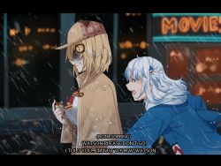 Rule 34 | ameiarts, blonde hair, blue eyes, blue hair, coat, english text, gawr gura, hair ornament, highres, hololive, hololive english, multicolored hair, multiple girls, open mouth, outdoors, pocket watch, rain, shaded face, sharp teeth, shirt, short hair, streaked hair, tail, tears, teeth, trench coat, virtual youtuber, watch, watson amelia, wet, wet clothes