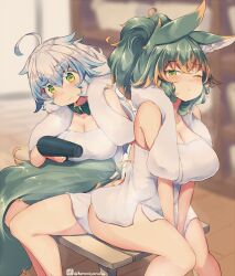 Rule 34 | 2girls, ahoge, animal ear fluff, animal ears, blue hair, blush, breasts, cleavage, closed mouth, collar, commentary request, green collar, green eyes, green hair, hair dryer, holding, holding hair dryer, kuromiya, kuromiya raika (kuromiya), large breasts, looking at viewer, multicolored hair, multiple girls, naked towel, one eye closed, orange hair, original, shiromiya asuka (kuromiya), short hair, sitting, smile, tail, towel, twitter username, two-tone hair