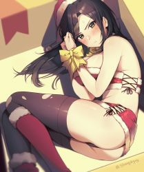 Rule 34 | 1girl, armpit crease, asymmetrical footwear, black hair, black panties, blush, bound, bound wrists, box, breasts, christmas, commentary, cross-laced clothes, frown, fur-trimmed skirt, fur-trimmed tube top, fur trim, gift, gift box, hat, highres, idolmaster, idolmaster cinderella girls, in box, in container, large breasts, looking at viewer, lying, miniskirt, mukai takumi, on side, panties, santa hat, shangzi, skirt, solo, straight hair, strapless, symbol-only commentary, thighhighs, torn clothes, torn thighhighs, tube top, underwear