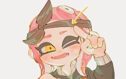 Rule 34 | 1girl, ;d, arrow (symbol), blush, fang, highres, long sleeves, looking at viewer, medium hair, mole, nimae04, nintendo, octoling, octoling girl, octoling player character, one eye closed, open mouth, red hair, simple background, smile, solo, splatoon (series), splatoon 2, splatoon 2: octo expansion, teeth, tentacle hair, upper body, white background, yellow eyes
