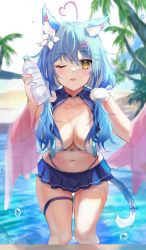 Rule 34 | 1girl, ahoge, alternate hairstyle, animal ears, bikini, blue bikini, blue hair, bottle, breasts, bridal garter, cat ears, cat tail, collarbone, highres, holding, holding bottle, hololive, kemonomimi mode, large breasts, long hair, looking at viewer, low twintails, one eye closed, panipo, solo, swimsuit, tail, twintails, virtual youtuber, wet, yellow eyes, yukihana lamy
