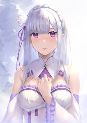Rule 34 | 1girl, absurdres, arm between breasts, bare shoulders, between breasts, blush, braid, breasts, cleavage cutout, clothing cutout, commentary request, detached collar, detached sleeves, dress, elf, emilia (re:zero), flower, frilled sleeves, frills, gem, hair flower, hair ornament, hair ribbon, hand on own chest, highres, holding, holding gem, holding jewelry, holding necklace, jewelry, long hair, long sleeves, looking at viewer, medium breasts, necklace, pointy ears, purple eyes, purple ribbon, re:zero kara hajimeru isekai seikatsu, ribbon, silver hair, solo, upper body, white background, white dress, wide sleeves, x hair ornament, yamada (polisotiren)