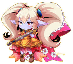 Rule 34 | 1girl, blue skin, blush, boots, brown eyes, closed mouth, colored skin, commentary request, dress, gloves, hair between eyes, holding, holding weapon, league of legends, long hair, looking at viewer, otani (kota12ro08), pointy ears, poppy (league of legends), simple background, solo, twitter username, unmoving pattern, weapon, white background, yordle