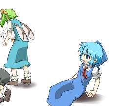 3girls blonde_hair cirno daiyousei hihachi multiple_girls rumia simple_background sitting touhou