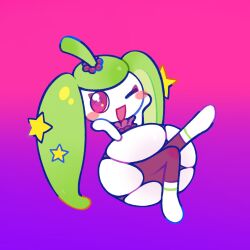 Rule 34 | ;d, ahoge, blush stickers, commentary request, creatures (company), dian (nanooo i), full body, game freak, gen 7 pokemon, gradient background, green hair, nintendo, no humans, one eye closed, open mouth, pink eyes, pokemon, pokemon (creature), purple background, smile, solo, steenee, twintails