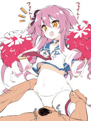 Rule 34 | 1girl, azur lane, black choker, blue sailor collar, censored, cheerleader, choker, cowgirl position, craven (azur lane), craven (cheerleader on the playground) (azur lane), crop top, crop top overhang, drill hair, girl on top, groin, hair between eyes, holding, navel, necktie, no pants, open mouth, orange eyes, panties, penis, pink hair, pink neckwear, pom pom (cheerleading), retrofit (azur lane), sailor collar, shirt, short sleeves, simple background, single thighhigh, solo focus, stomach, straddling, thighhighs, underwear, white background, white panties, white shirt, white thighhighs, youhei 64d