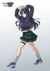 1girl absurdres ahoge arms_up awa_subaru black_sailor_collar black_shirt commentary full_body girls_band_cry gradient_background green_ribbon green_skirt grey_background hair_ribbon highres long_sleeves looking_at_viewer neckerchief open_mouth plaid_clothes plaid_skirt pleated_skirt purple_eyes purple_neckerchief purple_shoes ribbon sailor_collar school_uniform serafuku shirt shoes skirt socks solo summer_left thigh_strap white_socks