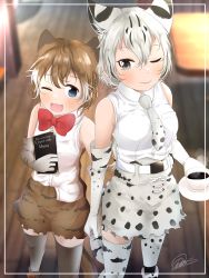 Rule 34 | 2girls, ;), ;d, absurdres, amemiya neru, animal ear fluff, animal ears, animal print, bare shoulders, belt, blue eyes, blurry, blurry background, bobcat (kemono friends), bow, bowtie, breast pocket, brown hair, cat ears, cat print, cat tail, collared shirt, cup, depth of field, elbow gloves, extra ears, flat-headed cat (kemono friends), gloves, green eyes, hair between eyes, highres, holding, holding cup, holding menu, holding weapon, indoors, interlocked fingers, kemono friends, menu, multicolored hair, multiple girls, necktie, one eye closed, open mouth, pocket, print gloves, print legwear, print neckwear, print skirt, red neckwear, shirt, short hair, skirt, sleeveless, sleeveless shirt, smile, steam, tail, teacup, thighhighs, two-tone hair, weapon, white belt, white hair, white shirt, wooden floor