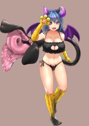 Rule 34 | 1girl, absurdres, animal ears, bare shoulders, blue hair, blush, braco, breasts, brown background, cat ears, cat lingerie, cleavage, collarbone, commission, demon girl, demon horns, demon tail, demon wings, fang, full body, gluteal fold, highres, horns, large breasts, looking at viewer, meme attire, open mouth, original, purple eyes, simple background, smile, solo, tail, wings