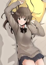 Rule 34 | 1girl, absurdres, amagami, arm up, bed sheet, black bow, black bowtie, blush, bow, bowtie, brown eyes, brown hair, closed mouth, from above, grey skirt, grey sweater, gyuunyuu pack (tanaka), highres, kamizaki risa, kibito high school uniform, long hair, long sleeves, looking at viewer, lying, miniskirt, on back, pillow, pleated skirt, school uniform, skirt, solo, sweater