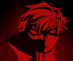Rule 34 | 10s, 1boy, amamiya ren, close-up, closed mouth, collar, gradient background, looking at viewer, mask, monochrome, non-web source, persona, persona 5, portrait, red theme, smile
