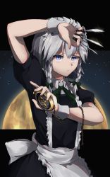 Rule 34 | 1girl, apron, arm up, between fingers, black background, black dress, blue eyes, bow, braid, chain, commentary request, cowboy shot, dress, frilled apron, frills, full moon, green bow, green ribbon, hair between eyes, hair bow, highres, holding, holding knife, holding weapon, izayoi sakuya, knife, knives between fingers, looking at viewer, maid, maid apron, maid headdress, moon, neck ribbon, night, night sky, pocket watch, puffy short sleeves, puffy sleeves, ribbon, short hair, short sleeves, silver hair, sky, solo, star (sky), starry sky, tayutai (user xruy3332), touhou, twin braids, two-tone background, waist apron, watch, weapon, white apron, wrist cuffs
