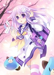 Rule 34 | &gt; &lt;, 10s, 1girl, bag, bespectacled, choker, closed eyes, d-pad, dogoo, flash cards, glasses, hair ornament, highres, charm (object), legs, long hair, nepgear, neptune (neptunia), neptune (series), official art, purple eyes, purple hair, solo, striped clothes, striped thighhighs, thighhighs, tsunako