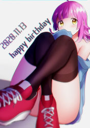 Rule 34 | 1girl, absurdres, ahoge, ass, bare shoulders, black thighhighs, blush, covered mouth, dated, happy birthday, highres, kazepana, looking at viewer, love live!, love live! nijigasaki high school idol club, purple hair, red footwear, shoes, short hair, solo, tennoji rina, thighhighs, yellow eyes