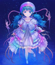 Rule 34 | 1girl, :o, ankle cuffs, aqua hair, barefoot, beret, blue background, blue eyes, collarbone, cuffs, curly hair, dress, fantasy, floating, frilled dress, frilled hat, frilled sleeves, frills, hair tie, hat, highres, light particles, long hair, long sleeves, looking at viewer, mizore akihiro, multicolored clothes, multicolored dress, original, parted lips, rainbow gradient, signature, tentacle hair, twintails, very long hair, white dress, white hat