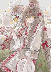 Rule 34 | 1girl, animal ears, apron, bity3155660241, bow, brown hair, cherry print, collared shirt, commentary, commission, cowboy shot, cup, cup on head, food print, frilled apron, frilled shirt collar, frilled sleeves, frills, green eyes, green skirt, grey apron, grey background, hair bow, highres, holding, holding cup, holding saucer, light blush, long hair, long sleeves, multiple hair bows, open mouth, original, plaid, rabbit ears, red bow, sample watermark, saucer, shirt, simple background, skirt, solo, sparkle, star (symbol), stuffed animal, stuffed rabbit, stuffed toy, symbol-only commentary, teacup, teeth, upper teeth only, very long hair, watermark, white shirt, white sleeves