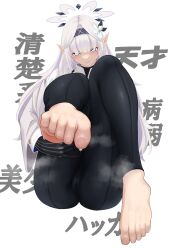 Rule 34 | 1girl, absurdres, barefoot, blue archive, foot focus, highres, himari (blue archive), japanese text, kztm, looking at viewer, pointy ears, sitting, solo, steam, sweat, toes, white background