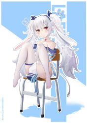 Rule 34 | 1girl, absurdres, animal ears, artist name, azur lane, bare shoulders, between legs, byx, chair, character name, chinese commentary, commentary request, dated, dress, feet, hand between legs, highres, laffey (azur lane), laffey ii (azur lane), legs up, long hair, long sleeves, off-shoulder dress, off shoulder, puffy long sleeves, puffy sleeves, rabbit ears, red eyes, school chair, see-through, see-through legwear, sitting, sleeves past fingers, sleeves past wrists, solo, thighhighs, thighs, twintails, white dress, white hair, white thighhighs