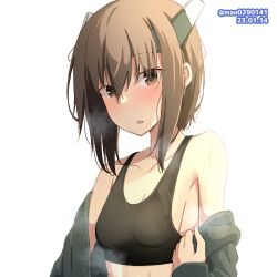 Rule 34 | 1girl, armpit peek, bare shoulders, black sports bra, breasts, brown eyes, brown hair, cropped torso, dated, headgear, kantai collection, looking at viewer, m.a.o, one-hour drawing challenge, parted lips, short hair, small breasts, solo, sports bra, sweat, taihou (kancolle), twitter username