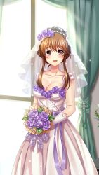 Rule 34 | 1girl, :d, bouquet, breasts, bridal veil, brown hair, cleavage, collarbone, doukyuusei another world, dress, flower, game cg, gloves, hair between eyes, hair flower, hair ornament, holding, holding bouquet, indoors, kakyuusei, long dress, looking at viewer, medium breasts, minamizato ai, official art, open mouth, purple flower, purple rose, red eyes, rose, shiny skin, short hair with long locks, sidelocks, sleeveless, sleeveless dress, smile, solo, standing, veil, wedding dress, white dress, white gloves
