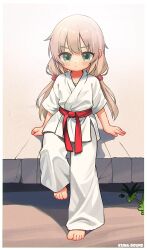Rule 34 | 1girl, barefoot, belt, chinese commentary, closed mouth, commentary request, dougi, full body, green eyes, grey hair, highres, kuma-bound, long hair, looking at viewer, martial arts belt, original, pants, red belt, sitting, solo, toes, white pants