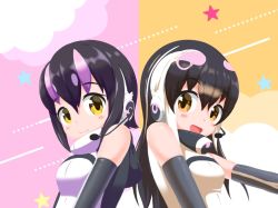 Rule 34 | 2girls, african penguin (kemono friends), animal costume, animal hood, bare shoulders, black hair, closed mouth, elbow gloves, gloves, headphones, hood, humboldt penguin (kemono friends), kemono friends, kemono friends v project, long hair, looking at viewer, microphone, multicolored hair, multiple girls, open mouth, penguin costume, penguin girl, penguin hood, purple hair, shirt, short hair, simple background, sleeveless, sleeveless shirt, smile, straight hair, unihulu, virtual youtuber, white hair, yellow eyes