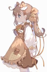 1girl ahoge animal_ears apron bow bowtie brown_apron brown_bow brown_hair brown_skirt brown_vest child cowboy_shot fake_animal_ears frilled_apron frills hair_bow hair_ribbon highres lolita_fashion long_hair name_tag object_in_pocket original pedopetton ribbon shirt single_sidelock skirt solo stuffed_animal stuffed_cat stuffed_toy twintails vest vest_lift waffle_hair_ornament white_background white_shirt