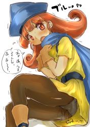 Rule 34 | 1girl, alena (dq4), belt, black pantyhose, blue cape, blue hat, blush, brown gloves, cape, dragon quest, dragon quest iv, dress, embarrassed, female focus, flying sweatdrops, gloves, hands up, hat, heart, highres, japanese text, looking at viewer, lying, on side, open mouth, orange hair, panties, panties under pantyhose, pantyhose, peeing, peeing self, puddle, red eyes, simple background, solo, speech bubble, steam, sweat, talking, tears, translation request, trembling, underwear, upskirt, wet, wet clothes, white background, white panties, yamabukiiro (yamabu6kiiro), yellow dress