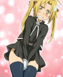 Rule 34 | 00s, 1boy, bad id, bad pixiv id, between thighs, blonde hair, blush, clenched teeth, covering privates, covering crotch, crossdressing, edward elric, embarrassed, fullmetal alchemist, gloves, male focus, maruki (punchiki), skirt, skirt tug, solo, sweatdrop, teeth, thighhighs, thighs, trap, twintails, v arms, yellow eyes, zettai ryouiki