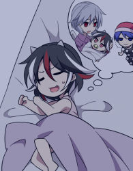 Rule 34 | &gt;:3, 3girls, :3, baby, blanket, cone horns, doremy sweet, dreaming, dress, empty eyes, fang, futon, grey horns, hat, horns, jeno, kijin seija, kishin sagume, mother and daughter, multicolored hair, multiple girls, nightcap, red eyes, silver hair, single wing, smug, streaked hair, sweat, sweatdrop, thought bubble, touhou, translation request, v-shaped eyebrows, wings