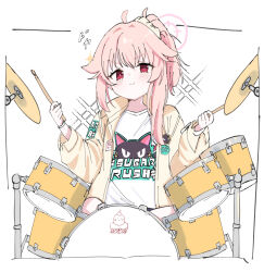 Rule 34 | 1girl, :&gt;, absurdres, ahoge, blue archive, blush, bright pupils, brown jacket, closed mouth, clothes writing, drum, drum set, drumsticks, hair ears, hair ornament, hair scrunchie, highres, holding, holding drumsticks, instrument, jacket, kaito (kaito921125), long hair, long sleeves, looking at viewer, natsu (band) (blue archive), natsu (blue archive), official alternate costume, pink hair, ponytail, red eyes, scrunchie, shirt, sitting, solo, sparkling aura, v-shaped eyebrows, white background, white shirt
