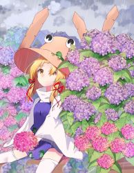 Rule 34 | 1girl, ametama (runarunaruta5656), animal print, blonde hair, blush, bouquet, breasts, bush, closed mouth, cloud, cloudy sky, commentary request, eyelashes, flower, frog on head, frog print, hair ribbon, highres, holding, holding bouquet, long sleeves, looking at viewer, medium hair, moriya suwako, outdoors, parted bangs, purple skirt, purple vest, pyonta, rain, red ribbon, ribbon, shirt, sidelocks, sitting, skirt, sky, small breasts, solo, sotoba, thighhighs, touhou, turtleneck, vest, water drop, white shirt, white thighhighs, wide sleeves, yellow eyes