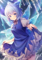 Rule 34 | 1girl, blue bow, blue dress, blue eyes, blue hair, bow, breasts, cirno, clothes lift, curtsey, dress, dress lift, hair bow, highres, horinatu, ice, ice wings, lifting own clothes, short hair, short sleeves, skirt, skirt hold, skirt lift, solo, touhou, wings