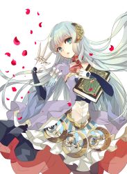 Rule 34 | 1girl, absurdres, blue eyes, book, detached sleeves, dress, elbow gloves, gloves, highres, holding, ito noizi, knife, long hair, open mouth, petals, silver hair, simple background, solo, white background