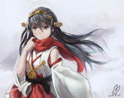 Rule 34 | 10s, 1girl, adjusting scarf, bare shoulders, blurry, brown eyes, dated, depth of field, detached sleeves, grey hair, hairband, haruna (kancolle), headgear, japanese clothes, kantai collection, kirigaku luo, long hair, nontraditional miko, pleated skirt, red scarf, red skirt, scarf, skirt, solo