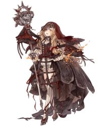 Rule 34 | 1girl, blonde hair, boots, corset, dress, frills, full body, high heels, holding, holding staff, jino, red riding hood (sinoalice), lock, long hair, looking at viewer, official art, orange eyes, padlock, sinoalice, skull, sleeves past wrists, solo, staff, thigh boots, thighhighs, transparent background, veil, walking