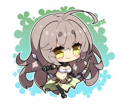 Rule 34 | 1girl, ahoge, arrow (projectile), belt, belt buckle, black sleeves, black thighhighs, blush, boots, bow (weapon), breasts, brown belt, brown hair, buckle, character request, chibi, cleavage, closed mouth, commentary, detached sleeves, full body, gloves, green footwear, green gloves, green skirt, hair between eyes, highres, holding, holding arrow, holding bow (weapon), holding weapon, long hair, long sleeves, looking at viewer, medium breasts, milkpanda, navel, sennen sensou aigis, short eyebrows, skirt, smile, solo, thick eyebrows, thighhighs, thighhighs under boots, very long hair, weapon, yellow eyes
