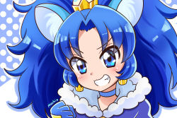 Rule 34 | 10s, 1girl, animal ears, blue eyes, blue hair, blue neckwear, blue shirt, choker, clenched hand, crown, cure gelato, earrings, grin, highres, hinata naomi, jewelry, kirakira precure a la mode, lion ears, long hair, looking at viewer, magical girl, mini crown, parted bangs, precure, shirt, signature, smile, solo, tategami aoi, upper body