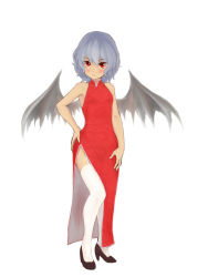 Rule 34 | 1girl, alternate costume, bare shoulders, bat wings, blue hair, blush, china dress, chinese clothes, dress, female focus, garter straps, high heels, looking at viewer, peperoncirno, red eyes, remilia scarlet, shoes, short hair, side slit, solo, thighhighs, touhou, white thighhighs, wings