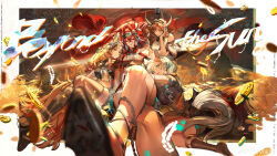 4girls absurdres ajani_(arknights) ajazi_(arknights) ancient_greek_clothes animal_ears aqua_eyes arknights aspasia_(arknights) bandana bare_shoulders black_bandana black_shirt blonde_hair blue_eyes blurry border braid breasts chiton coin commentary_request cow_ears cow_girl cow_horns crop_top crossed_bangs depth_of_field dress earrings eboda-x english_text extra_ears fox_ears fox_girl fox_tail from_side gem gold_coin gold_earrings greco-roman_clothes greek_helmet grey_hair hand_on_another&#039;s_head head_rest highres horns horse_ears horse_girl jewelry lap_pillow leaning_on_person leaning_to_the_side long_hair looking_at_viewer medium_breasts mole mole_on_shoulder multicolored_nails multiple_girls nail_polish narantuya_(arknights) notched_ear orange_hair outside_border pearl_(gemstone) pearl_hair_ornament ponytail red_hair shirt shoe_soles side_braid sitting sleeveless sleeveless_shirt smile tail thighhighs thighs tongue tongue_out white_border white_dress yellow_eyes