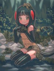 Rule 34 | 1girl, animal, bare shoulders, beige shorts, commentary request, elbow gloves, gloves, green eyes, green gloves, green hair, green thighhighs, highres, holding, holding animal, kemono friends, kemono friends 3, multicolored hair, red-eared slider (kemono friends), red hair, shimazoenohibi, shirt, short hair, shorts, sleeveless, solo, thighhighs, turtle, turtle shell, yellow shirt